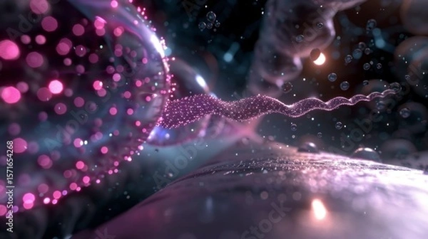 Fototapeta Abstract DNA strand flowing in cosmic space, highlighted by vibrant pink and purple hues.