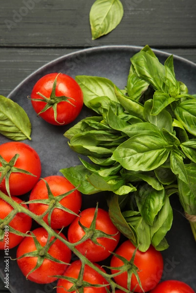 Obraz Fresh cherry tomatoes with basil leaves on black wooden background