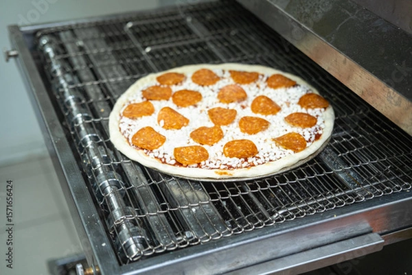 Fototapeta A freshly made pizza with orange toppings is placed in a pizza oven. 