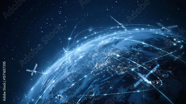 Obraz Blue futuristic background with planet Earth. Vector. Internet satellites transmit signals. Map of the planet. Global social network. Future. Internet and technology. Floating blue plexus geometric.  