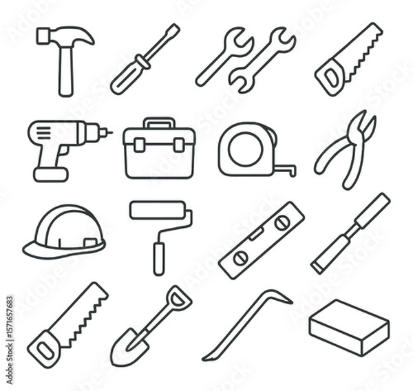 Fototapeta Tool set icons. simple linear hammer, screwdriver, wrench, saw, drill vector icons
