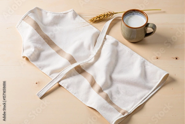 Fototapeta Country style still life with beige linen apron, rustic ceramic mug of fresh milk, and stalk of wheat on light wooden table, evoking feelings of home baking and cooking