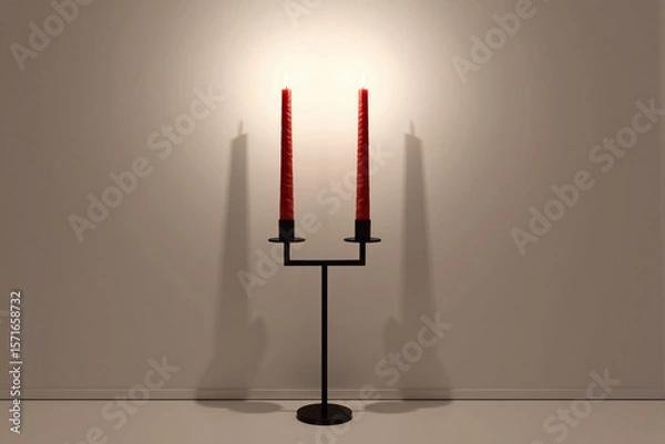 Fototapeta Elegant black metal candelabrum holding three tall red candles, casting warm, dramatic light and deep shadows against neutral wall for romantic or formal occasion