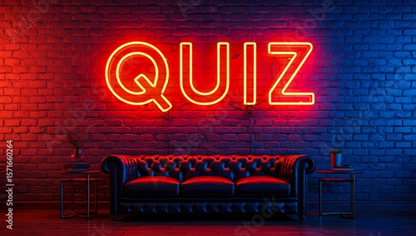 Fototapeta Quiz night neon sign on brick wall with leather couch for trivia and game show background concept