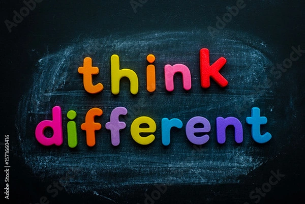 Fototapeta Think different colorful letters on blackboard creative thinking and innovation concept for education
