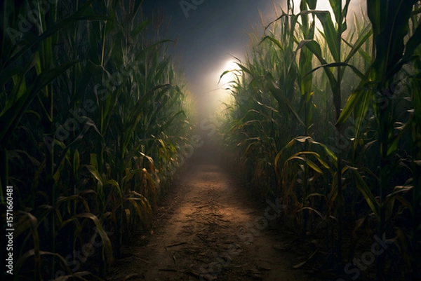 Obraz Spooky corn maze path at night.
