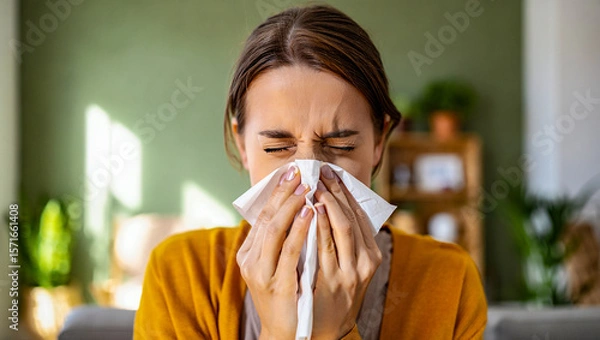 Fototapeta Woman with cold symptoms blowing nose in tissue feeling unwell and needing sickness and allergy treatment