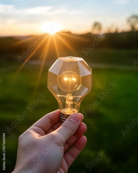 Fototapeta A photo-realistic shoot from a close-up camera angle about a hand holding a glowing light bulb during sunset. the hand is positioned in the middle of the image, with the hand holding the light bulb in