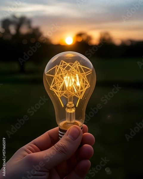 Fototapeta A photo-realistic shoot from a close-up camera angle about a hand holding a glowing light bulb during sunset. the hand is positioned in the middle of the image, with the hand holding the light bulb in
