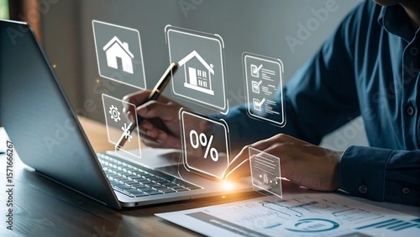 Fototapeta Photo of a man is using a laptop to review real estate options, checking a checklist and percentage details