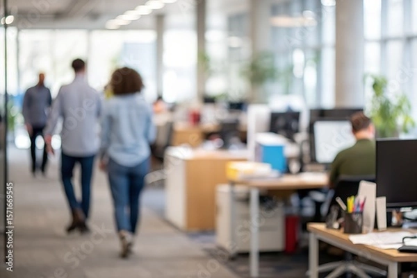 Fototapeta Blurred office scene with people walking past desks and computers