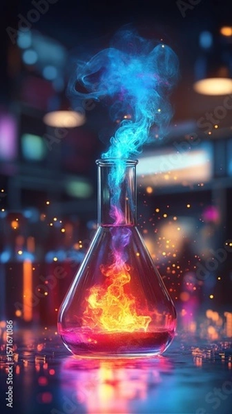 Fototapeta a chemistry lab flask with colorful smoke inside.