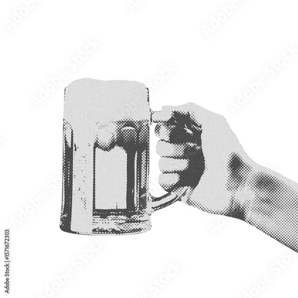Fototapeta Retro Dithered Art of a Hand Toasting with a Beer Mug. Monochrome Graphic PNG