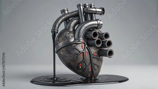 Fototapeta 3D Render of Human Heart Made of Pipes and Pumping Liquid