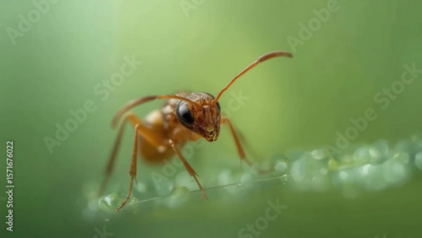 Fototapeta Ultra Close-Up of a Red Ant with Detailed Eyes and Antennae, Resting on a Dew-Kissed Blade of Grass Against a Soft Green Background, Highlighting Microscopic Nature