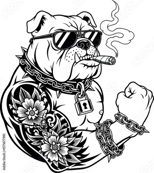 Obraz muscular bulldog with sunglasses and floral tattoo flexing its bicep while smoking a cigar, black and white vector illustration.