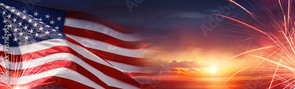 Obraz Amerykańskie świętowanie - flaga Usa i fajerwerki o zachodzie słońca