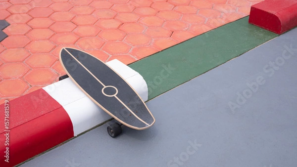 Fototapeta Skateboard on gray concrete yard floor with colorful hexagon cobblestone pavement in outdoor area