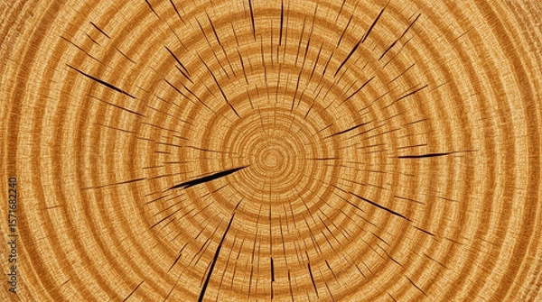 Fototapeta cross-section of an evergreen tree trunk, revealing its growth rings. Each ring tells a story, with varying thicknesses and subtle color changes. Show the deep heartwood and the lighter sapwood