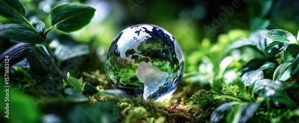 Fototapeta The crystal globe surrounded by lush greenery and vibrant foliage.