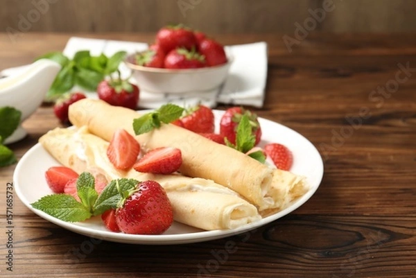 Fototapeta Tasty crepes with cream, strawberries and mint on wooden table, closeup