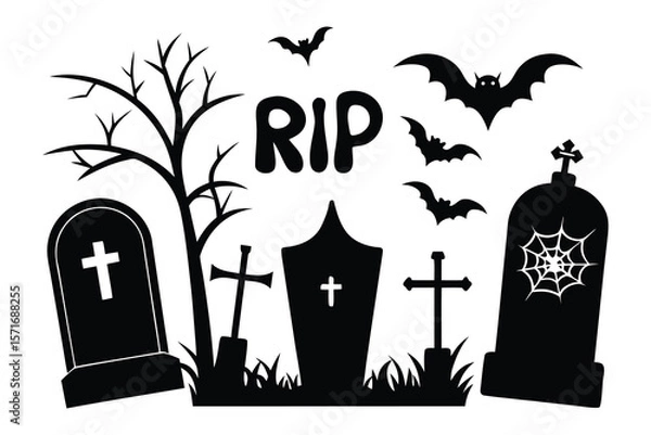 Obraz Halloween cemetery scene with bats and R I P text tombstones