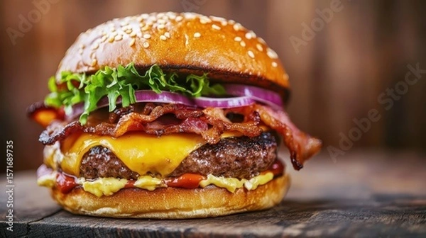 Fototapeta Juicy Cheeseburger with Bacon and Fresh Vegetables on Wooden Table