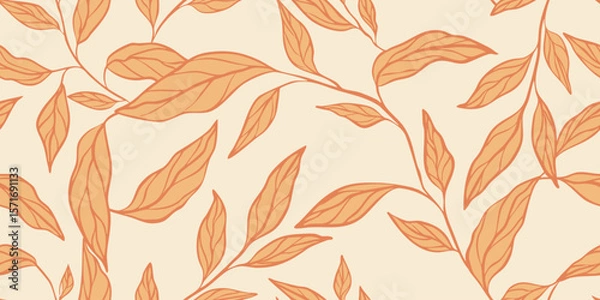 Fototapeta Autumn seamless pattern with hand drawn botanical branches in warm orange tones on beige background
