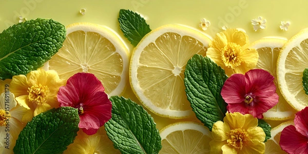 Obraz Fresh lemon slices arranged with vibrant flowers and mint leaves on a bright yellow background, creating a colorful and refreshing summer-inspired composition