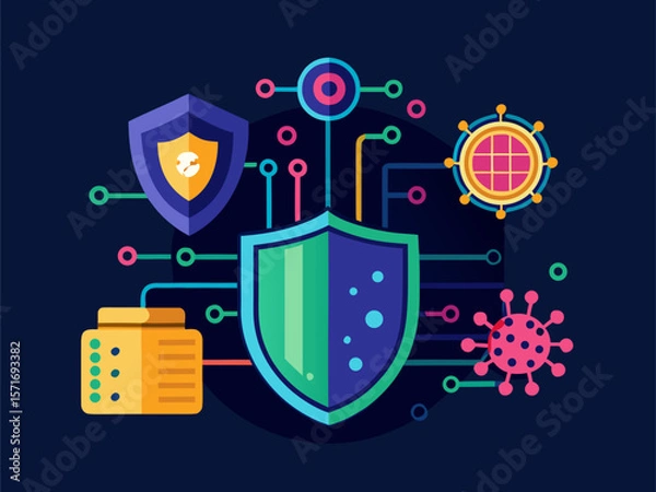Fototapeta Bug detection software scanning live code while digital shield neutralizes external malware threat