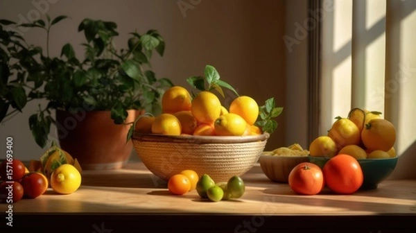 Obraz Fresh isolated fruits and vegetables in a vibrant still life with apples, oranges, and ripe red tomatoes in a basket