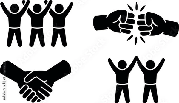 Fototapeta Black and white image showing stick figures celebrating, fist bumping, and shaking hands together