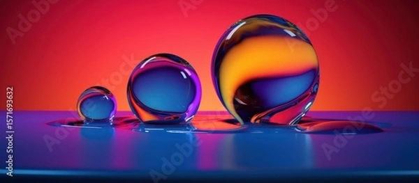 Obraz Shiny pink, red, and blue crystal shoes adorn a reflective surface, resembling precious gem art