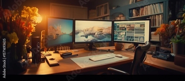 Obraz Modern computer equipment on an empty office desk in a bar's modern living room interior