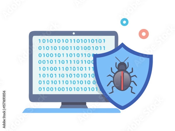 Fototapeta Futuristic programming interface analyzing flowing binary data protected by secure digital defense barrier