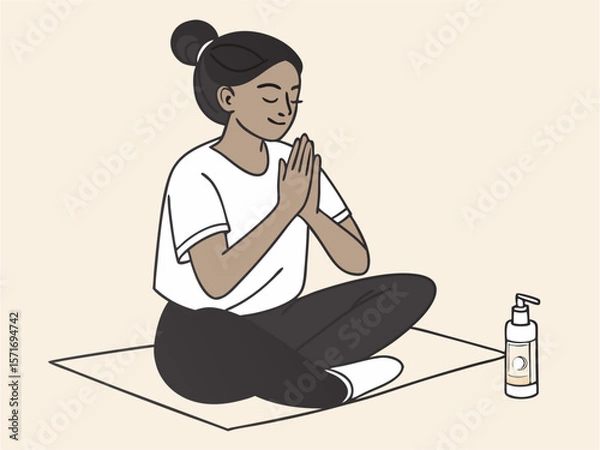 Fototapeta Serene female practicing mindfulness sitting cross-legged with hands clasped in quiet minimalist setting