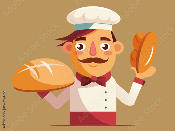 Fototapeta Retro cartoon chef with large mustache skillfully tossing pizza dough in midair