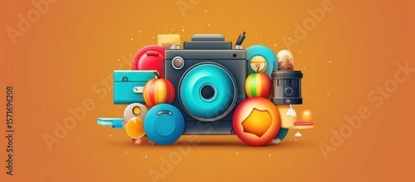 Obraz Colorful toys featuring a digital camera, music notes, and a music player, alongside a wooden toy train and car, evoke a vibrant sense of childhood play