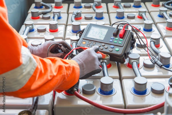 Fototapeta Electrician specialist inspect, check voltage and internal resistance of batteries by using battery to preventive maintenance, offshore oil and gas occupational.