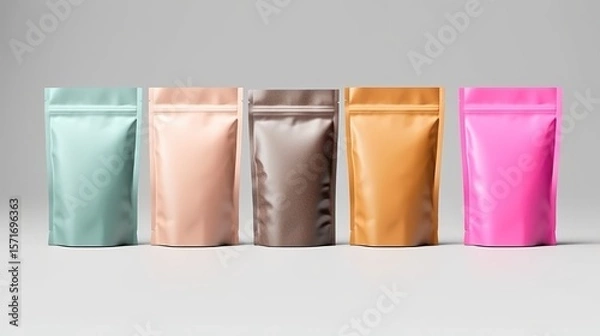 Obraz Colorful plastic bags and bottles are isolated on white, some packaging blank for food or tea