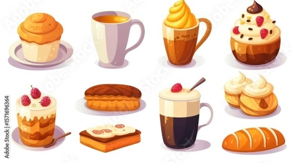 Obraz Cartoon set of cakes, chocolate cake, and fast food icons isolated on white for menu illustration