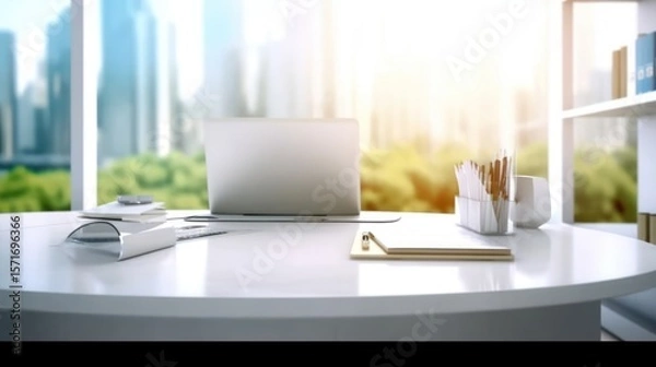 Obraz A laptop with a coffee cup sits on an empty desk in a modern office interior