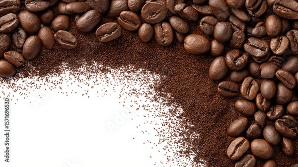 Fototapeta coffee beans and powder on corner with white center, ai