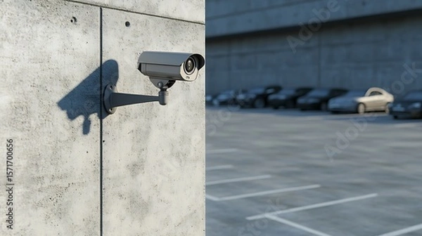 Obraz Surveillance camera mounted on concrete wall overlooking a parking lot creates a sense of security