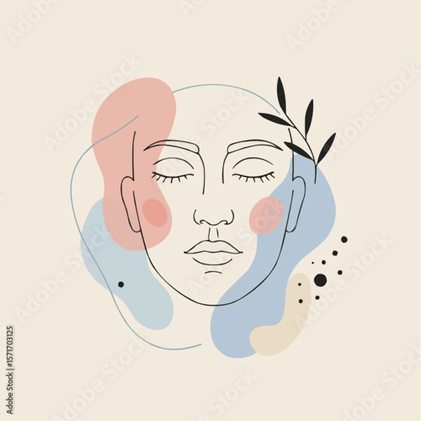 Fototapeta Abstract line art illustration of a serene female face with foliage  