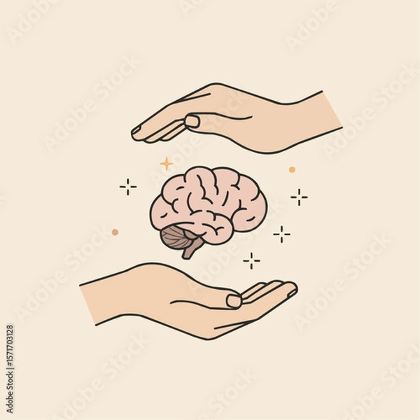 Fototapeta Hands protecting a brain illustration in soft colors on a beige background  
