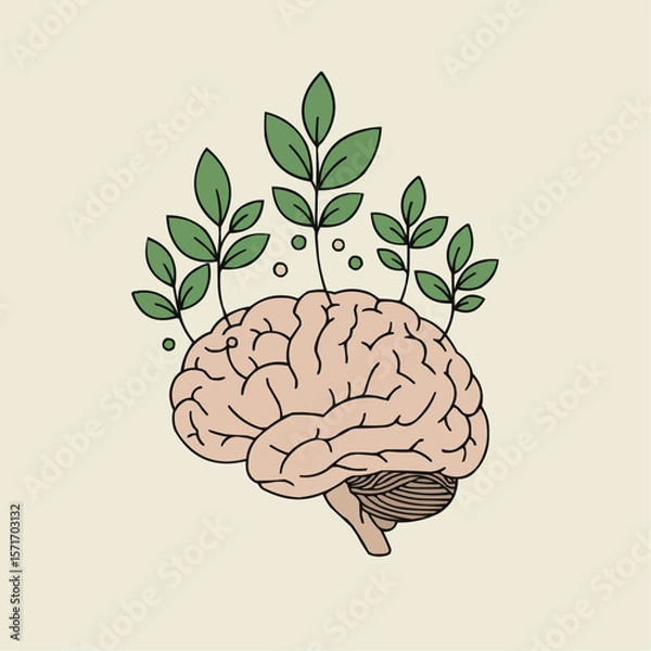 Fototapeta Brain with green leaves symbolizing mental health and growth  