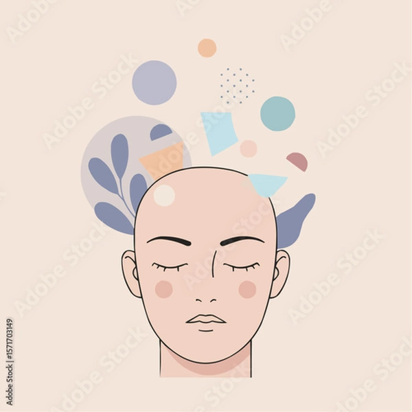 Fototapeta Abstract illustration of a calm person with geometric shapes and leaves  