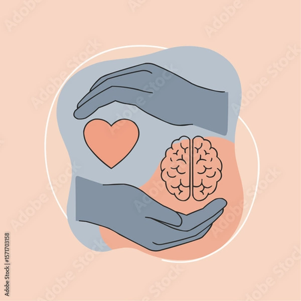 Fototapeta Hands holding brain and heart icons on abstract pastel background  