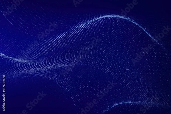 Fototapeta Abstract flowing wave of glowing blue particles against a dark blue gradient background